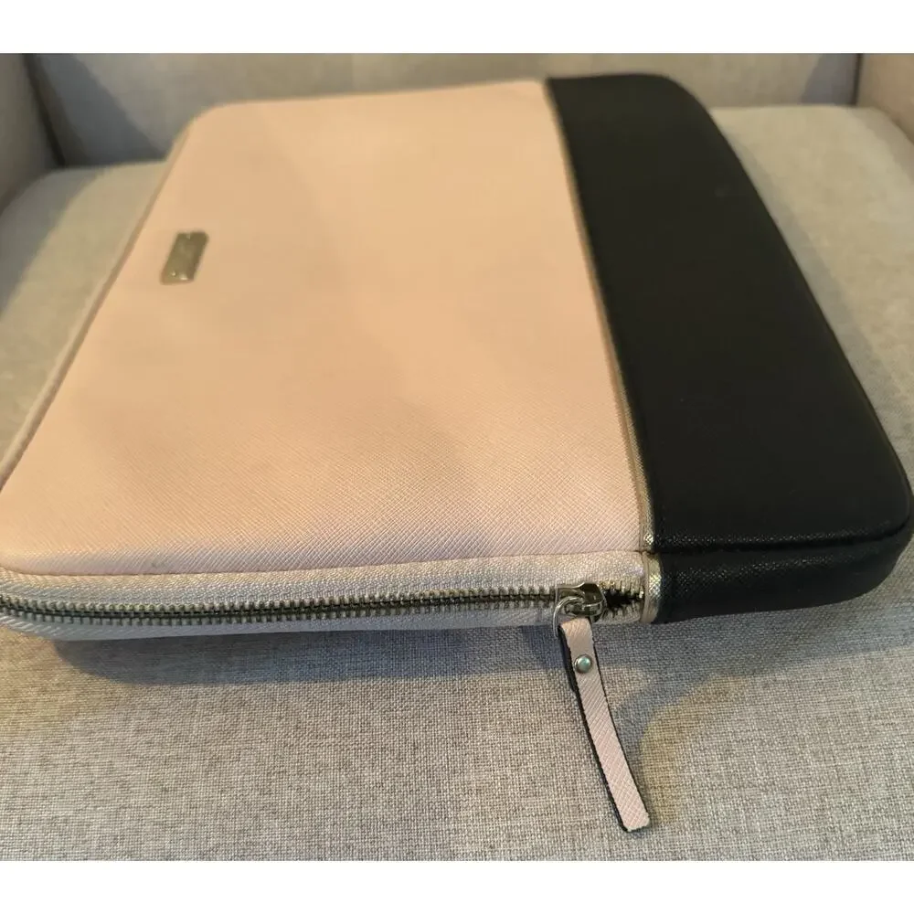 Kate Spade Black & Pink Laptop Computer Padded Case Sleeve Zip Saffiano Leather